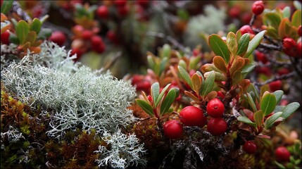 A close-up view of vibrant red berries and lush green leaves growing amidst white lichen and moss in a natural landscape