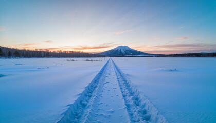 Snowy sled track under evening sky with distant mountain, winter wilderness