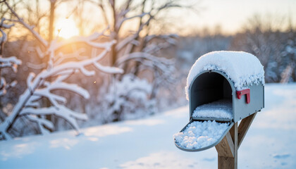 Snow-covered mailbox at dawn in rural landscape, winter beauty