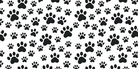 Charming seamless pattern of various black animal paw prints scattered playfully across a clean white background, perfect for pet-themed designs © Alamin vai vision 3
