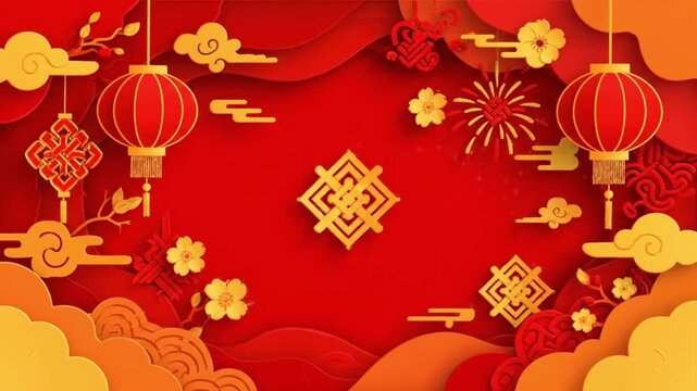 Paper cut golden dragon flying on a festive red background with lanterns and clouds. Lunar New Year celebration art.