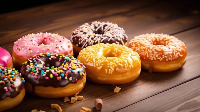 Set of decorated colorful donuts. Beautiful glazed bakery on table. Generative AI