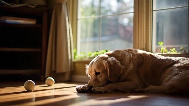Dog labrador lying against the window. Pensive animal observing the garden. Generative AI