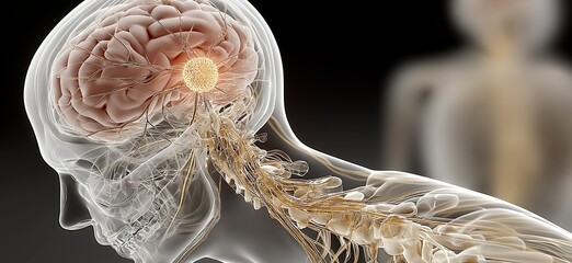 Human brain spinal cord nervous system pain visualization. Human brain showing central nervous system connection with a glowing area