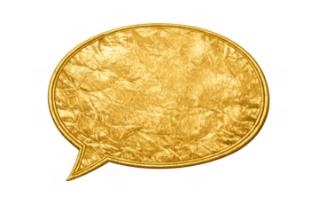 Golden crumpled foil speech bubble with metallic border on transparent background, symbolizing chat, luxury, and communication