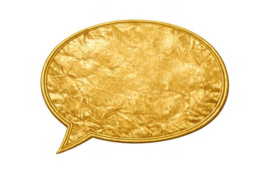 Golden crumpled foil speech bubble with metallic border on transparent background, symbolizing chat, luxury, and communication - Powered by Adobe
