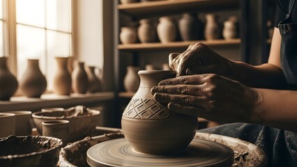 Close-up of a potter's hands shaping and carving a clay vase on a spinning wheel, traditional pottery workshop and handmade ceramic art concept.