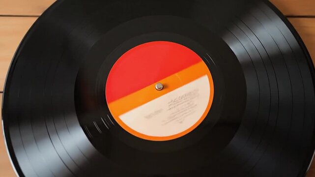 Retro LP vinyl records template for turntable playing lying on wooden table. Generative AI