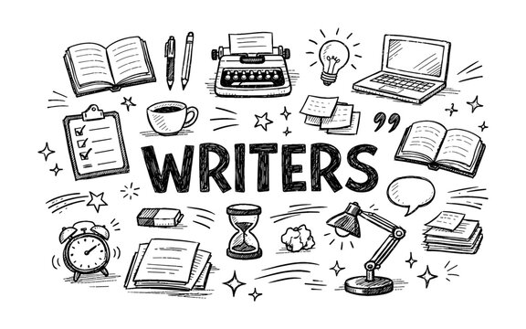 Creative writing process with diverse tools and symbols for inspiration