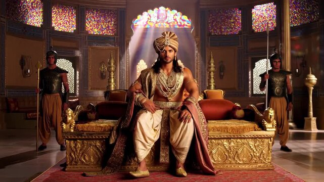 Majestic sultan in traditional royal robes sitting on golden throne with guards in ornate mosaic hall, zoom in video footage