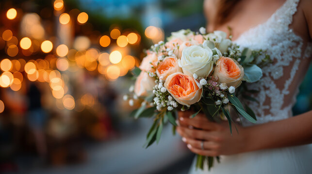 Bride holding peach and white rose bouquet with greenery, background filled with soft glowing lights, defocused bokeh, with copy space