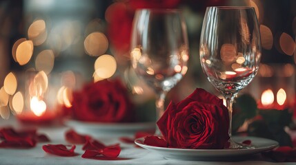 A romantic dinner setup with wine glasses and red roses on a table with candles and bokeh lights in the background