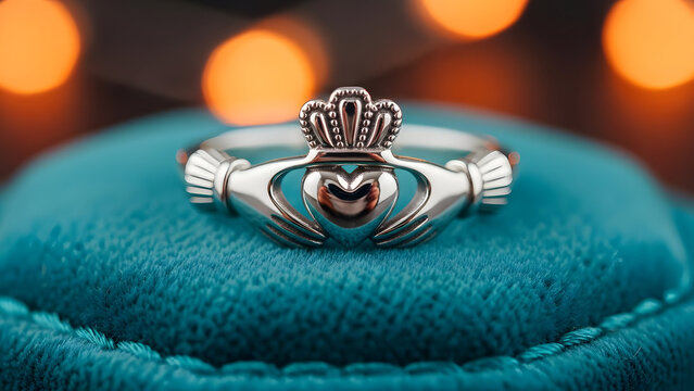 Happy valentine's day claddagh ring on blue velvet box