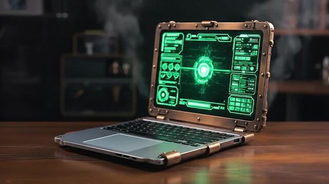 Steampunk style laptop computer digital device futuristic construction. Metallic gadget with mechanical gear parts made from brass. Generative AI