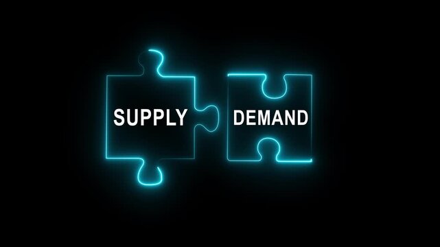 A close-up view two hands connecting translucent digital puzzle pieces symbolizes the balance between supply and demand in business dynamics animation on a black background. neon line 4k video
