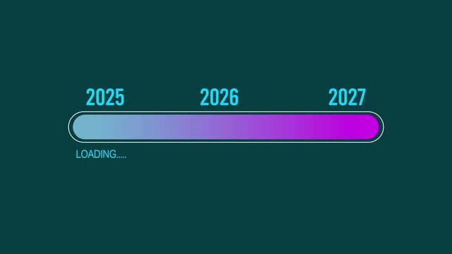 Business Vision 2026: A sharp businessman interacts with a digital loading bar showcasing a forward-looking concept, with a sharp focus on the year 2026. Motion graphics of loading concept.