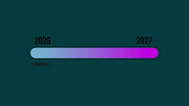 Business Vision 2026: A sharp businessman interacts with a digital loading bar showcasing a forward-looking concept, with a sharp focus on the year 2026. Motion graphics of loading concept.
