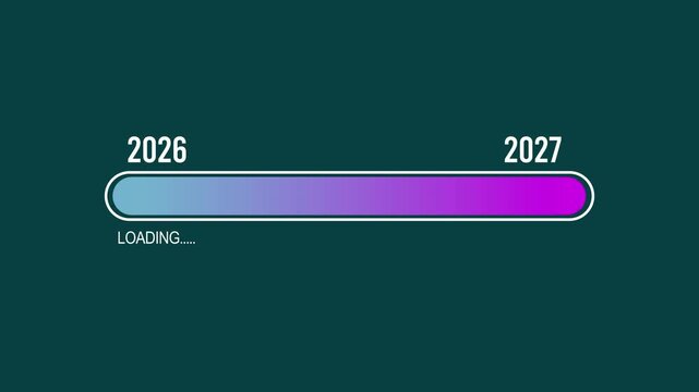 Business Vision 2026: A sharp businessman interacts with a digital loading bar showcasing a forward-looking concept, with a sharp focus on the year 2026. Motion graphics of loading concept.
