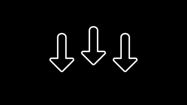 Animated outline down arrows on transparent background with alpha channel, smooth looping motion graphic for download and scroll concept, minimal white line arrow animation for interface cues,