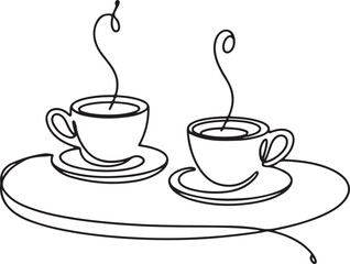 Obraz premium Continuous Line Art Illustration of Café Counter with Two Steaming Cups and Saucers