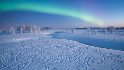 Snowy landscape aurora borealis winter scene