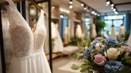 White wedding dress on hanger in bright bridal boutique, clean interior, fashion presentation, with copy space