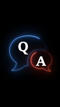 Glowing neon Question and Answer icon animation on black background. Q and A symbol quiz problem solution