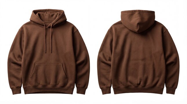 Blank brown oversize hoodie sweatshirt mockup, showing front and back view template. Isolated hooded pullover apparel design for commercial fashion branding or product display on a white background.