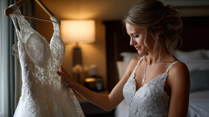 Faceless bride examining wedding dress on hanger in hotel room, quiet preparation moment, with copy space