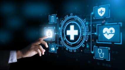 Hand interacting with digital medical icons on futuristic interface screen with blue glow  healthcare technology concept