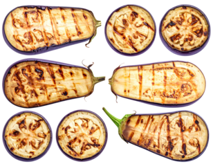  Charred Eggplant Variation Set with Whole and Sliced Pieces, Grilled Vegetable Collection, Isolated on Transparent Background