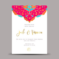 Invitation card design with vector mandala pattern. Ornamental floral frame. Vintage ornament card. Gold, Luxury wedding invitation