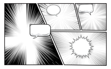 black and white comic book page panel background. vector illustration.