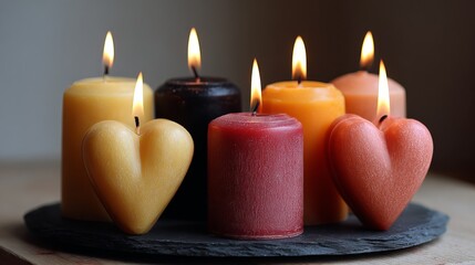A collection of heart-shaped and cylindrical candles in various colors burning brightly on a black slate plate