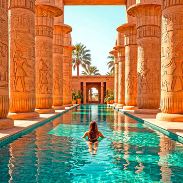 Woman Relaxing in Luxurious Ancient Egyptian Temple Pool