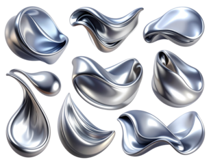  Minimal Metallic Silver Fluid Shapes Collection with Smooth Reflections, Abstract Design Assets, Isolated.