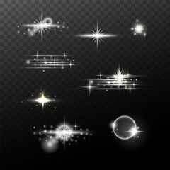 Set of glowing light bursts with sparkles, lens flares, explosions. Glare radiance effect, Glow special effect light. Sun, stars lights