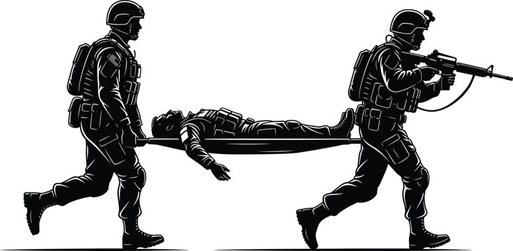 Military Evacuation Silhouette Vector Showing Armed Soldiers Carrying Wounded Comrade on Stretcher During Tactical Combat Rescue Mission