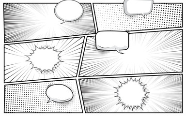 Comic book page background template. Radial rays background with halftone effect in pop art style design.