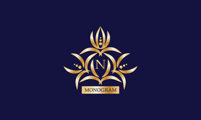Monogram design template with letter N in the center and place for text. Elegant company branding, emblem, invitation, label, business sign.