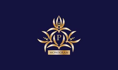 Monogram design template with letter P in the center and place for text. Elegant company branding, emblem, invitation, label, business sign.