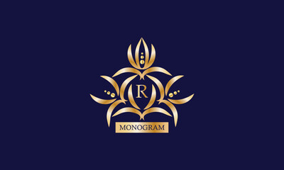 Monogram design template with letter R in the center and place for text. Elegant company branding, emblem, invitation, label, business sign.