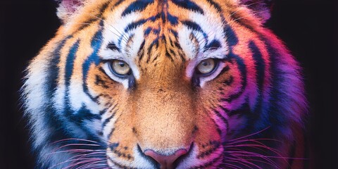 Fototapeta premium Tiger head painted with sharp colorful lines, intense gaze, clean studio backdrop, high contrast lighting, luxury wall art style, artistic painted look, bold vibrant colors, clean studio background, u