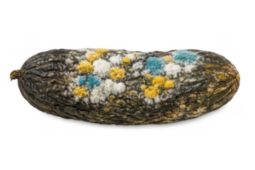 Rotten cucumber covered in colorful mold and fungus showing food spoilage and decomposition, transparent background