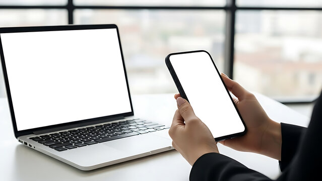 Person using smartphone and laptop with blank screens in modern office - Powered by Adobe
