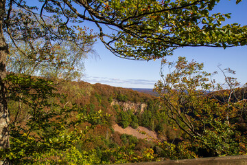 Obraz premium An exposed rock wall between the autumn colored trees in the national park of Söderåsen in southern Sweden