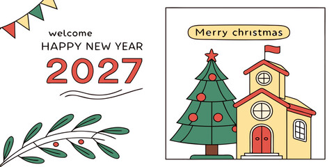 Two-Panel Holiday Greeting Card with Flag Garland Welcome and Christmas Tree by Yellow Building for 2027