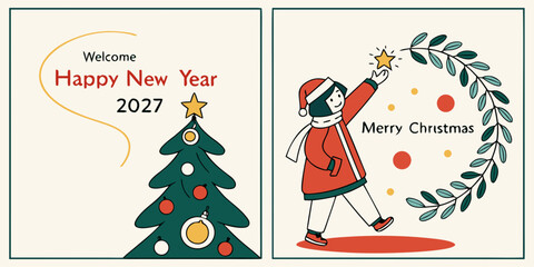 Two-Panel Holiday Greeting Card with Ornamented Tree and Star-Placing Wreath Scene for Merry Christmas and Happy New Year 2027