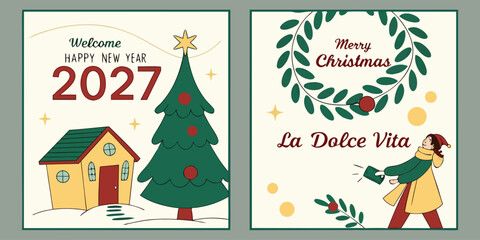 Two-Panel Holiday Greeting Card with Tree-House Welcome and Gift-Wreath Scene for Merry Christmas and Happy New Year 2027