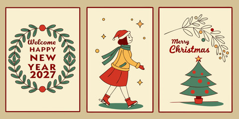 Three-Part Holiday Greeting Card with Berry Wreath, Ice Skater, and Mistletoe Tree Scene for Merry Christmas and Happy New Year 2027